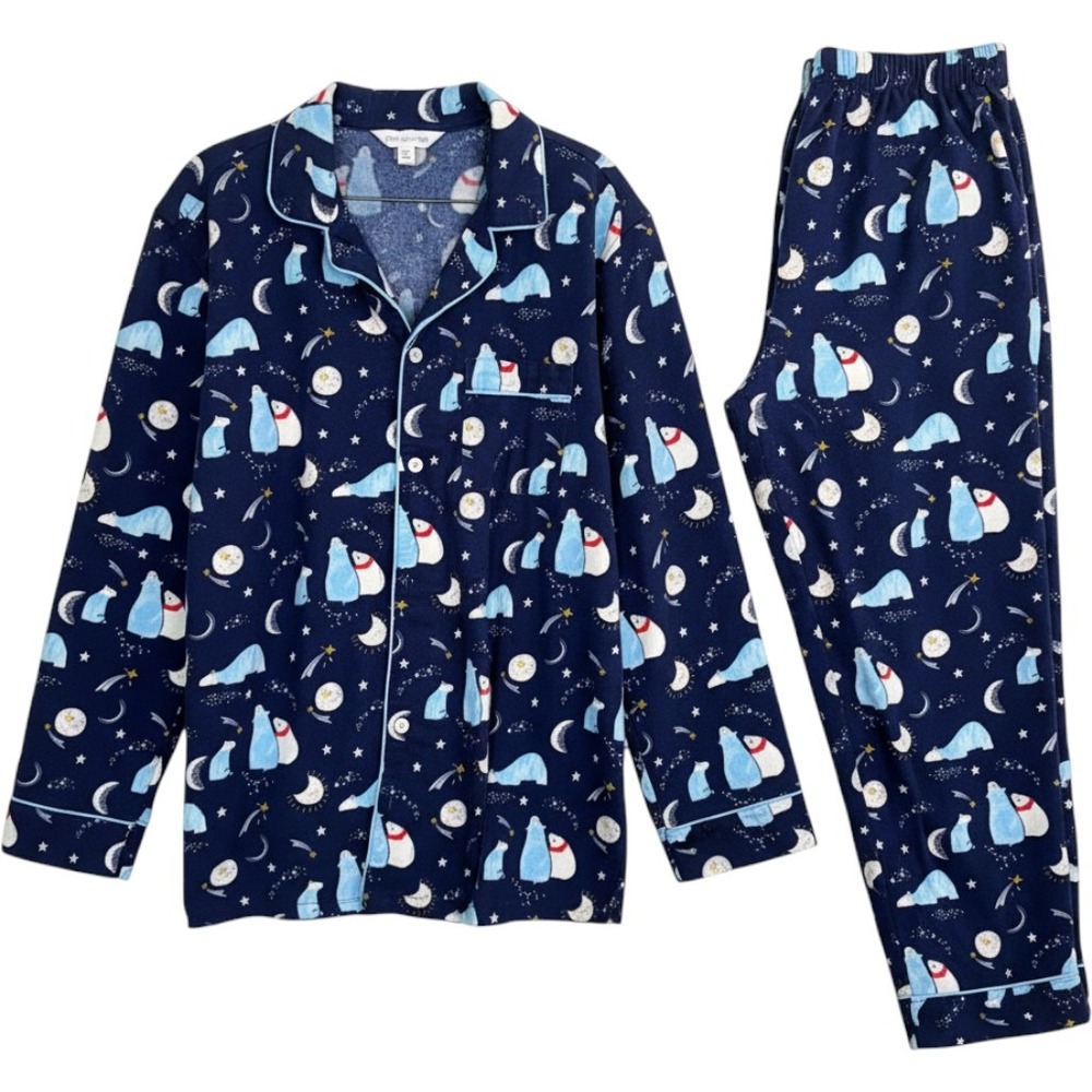 The Company Store Mens Flannel Pajama Set Navy Polar Bear Print Large L PJs